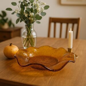 Vintage Amber Art Glass Console Bowl – Hand-Blown Ruffled Edge - 1960s to 1970s